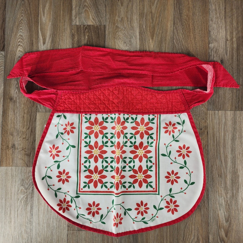 Vintage‎ Christmas Half Apron Red Poinsettia Floral Quilted Waist Polka Dot Ties